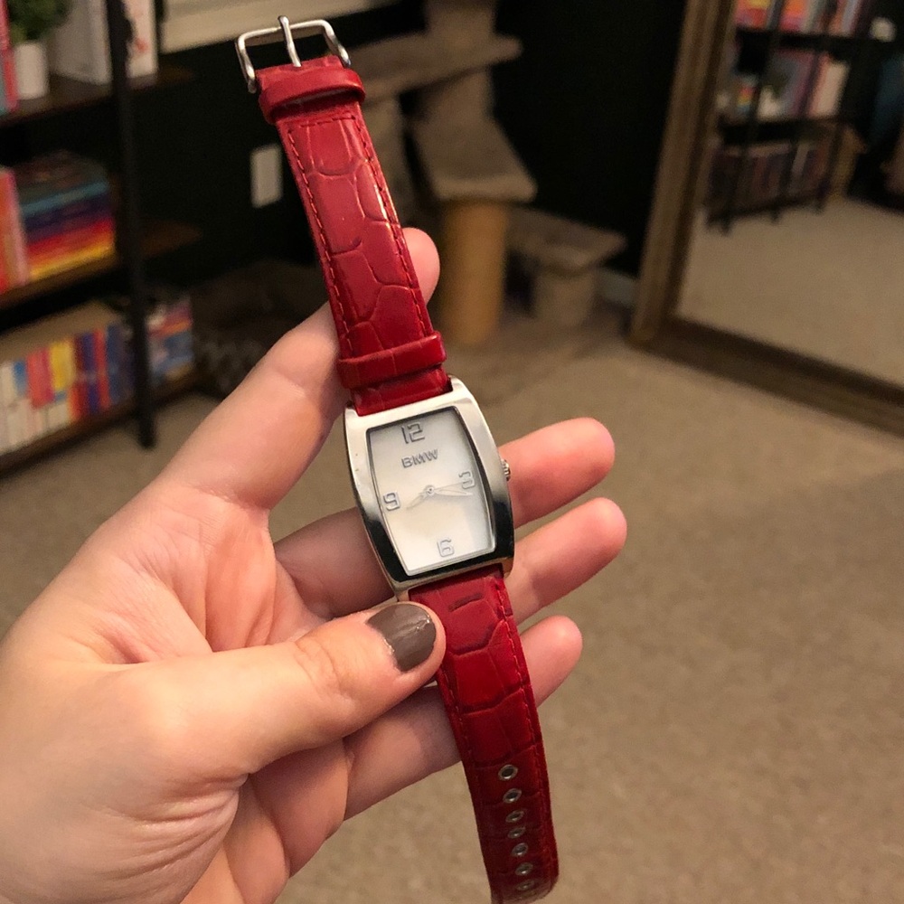 BMW Red Croc-Embossed Leather Watch with Silver Accents